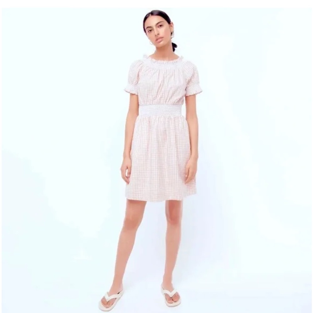 Smocked puff-sleeve cotton poplin dress in gingham